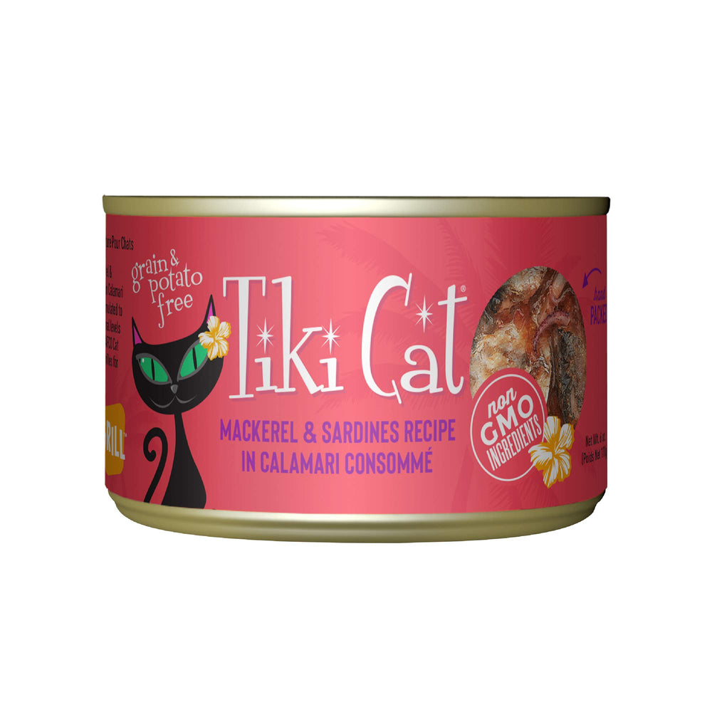 Tiki Cat Grill Mackerel and Sardines can image highlighting high protein grain free nutrition.
