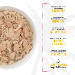 Tiki Cat Luau real salmon first ingredient emphasizing quality protein.