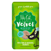 Tiki Cat Luau Velvet Mousse pouch showcases high-protein, grain-free nutrition for all life stages.