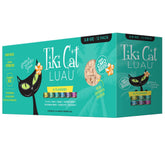Tiki Cat Luau wet cat food cans showcase grain-free, protein-rich nutrition in a savory meal.