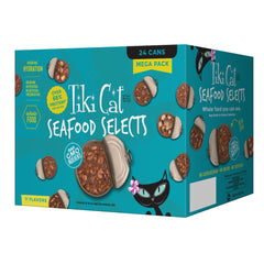 Tiki Cat Mega Pack seafood selects cans show real fish as the first ingredient.