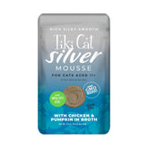 Tiki Cat Silver Mousse packaging shows a 12-pack convenient for senior cats.
