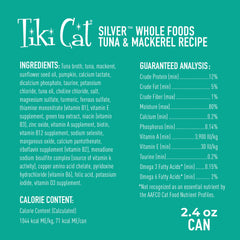 Tiki Cat Silver senior tuna-mackerel can label for quick recognition.