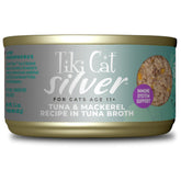 Tiki Cat Silver senior tuna-mackerel soft mousse and shreds for easy chewing.