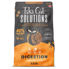TIKI CAT Solutions Digestion Lamb & Egg bag showing protein-rich formula for daily meals