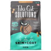 Tiki Cat Solutions Skin & Coat kibble bag front showing protein-forward formula for healthy coat