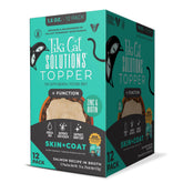 Tiki Cat Solutions Skin + Coat Topper packaging showing salmon in broth for coat care.
