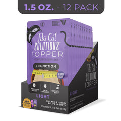 Tiki Cat Solutions Topper Light pouch, side view showing packaging and serving idea.