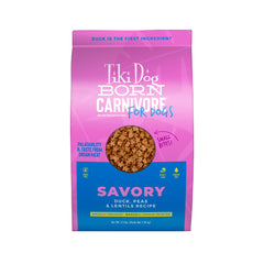 Tiki Dog Born Carnivore duck kibble closeup showing high-protein texture for adult dogs