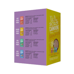 Tiki Dog Born Carnivore variety-pack box highlights multiple protein options.