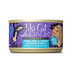 Tiki Cat After Dark Shreds packshot shows grain-free, protein-rich wet cat food.
