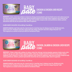Tiki Cat Baby Pate salmon-chicken-liver can emphasizes protein-rich mix for growing kittens.