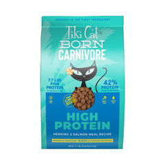 Tiki Pets Born Carnivore herring kibble close view, protein-rich dry food for adult cats