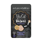 Tiki Cat After Dark Velvet Mousse pouch shows chicken and duck in silky broth for meat-loving cats.