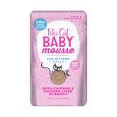 Tiki Cat Baby Mousse kitten pouch shows chicken broth for easy eating.