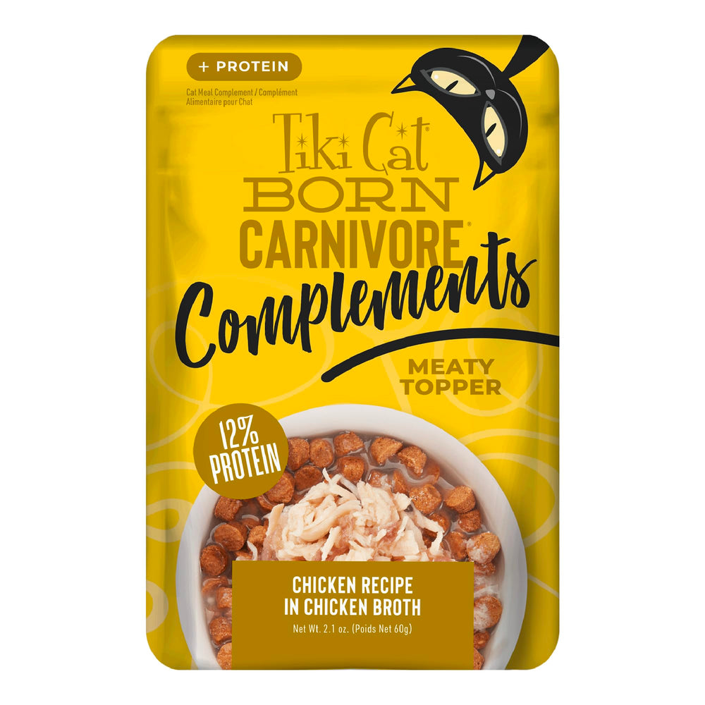 Tiki Cat Born Carnivore Complements chicken pouch close-up, adds protein to meals.