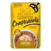 Tiki Cat Born Carnivore Complements chicken pouch close-up, adds protein to meals.