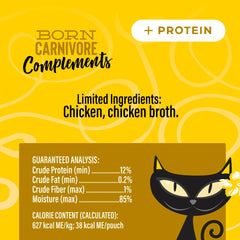 Tiki Cat Born Carnivore Complements chicken topper pour highlights protein and hydration.