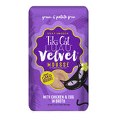 Tiki Cat Luau Velvet Mousse chicken and egg broth pouch showing high protein, grain-free nutrition