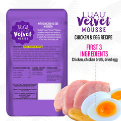 Tiki Cat Luau Velvet Mousse egg inclusion labeled for digestible protein