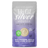 Tiki Cat Silver Mousse packaging for senior cats, grain-free nutrition.