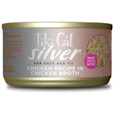 Tiki Cat Silver senior chicken cans 12-pack, protein-rich nutrition for older cats.