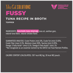 TIKI PETS Tiki Cat Solutions Topper Fussy tuna in broth pouch egg note suggests protein richness.