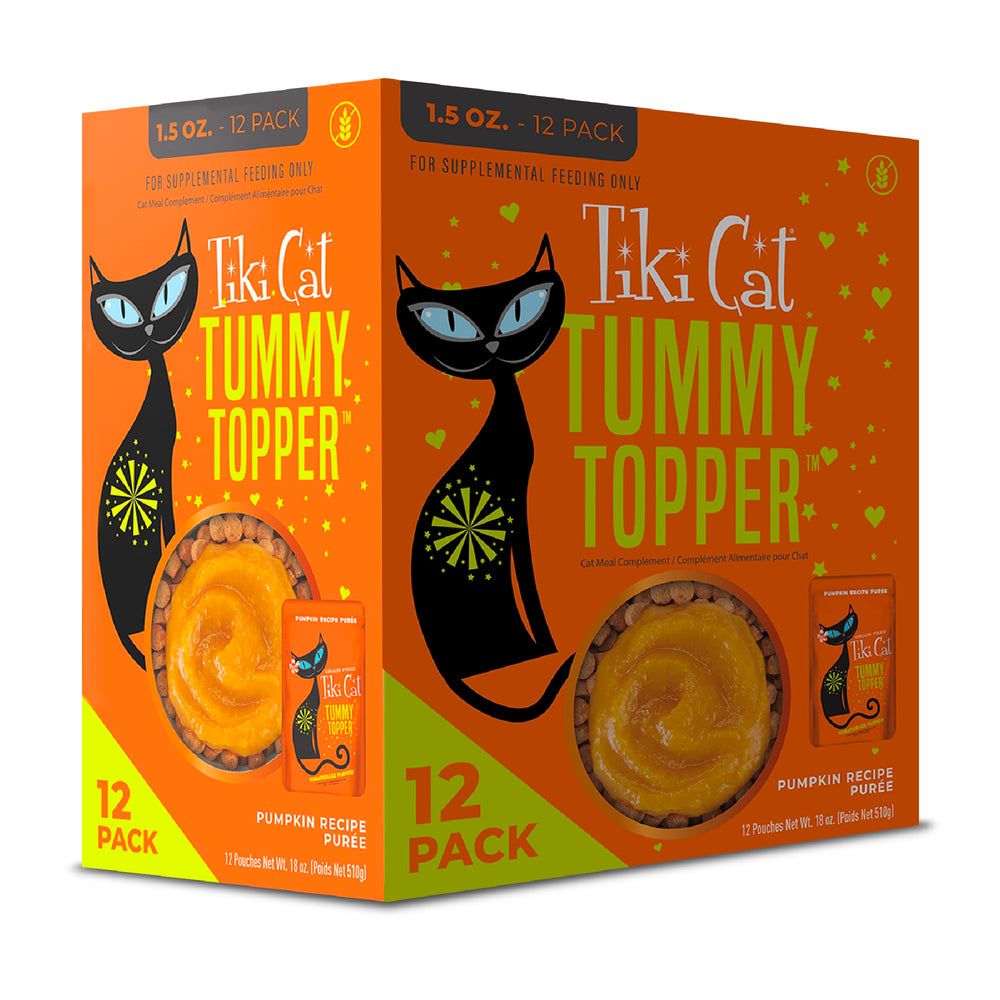 Tiki Pets Tummy Topper pumpkin-broth pouch on kibble, moisture boost for cats