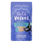 Tiki Pets Velvet Mousse pouch close-up showing silky texture and hairball-friendly formulation