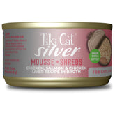 Tiki Cat Silver wet food can closeup highlighting high protein for seniors
