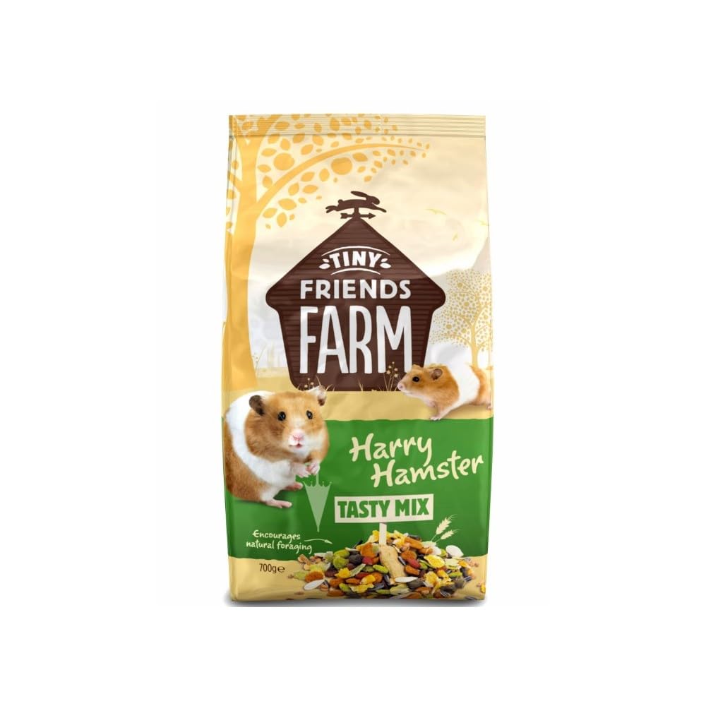 Tiny Friends Farm Harry Hamster Tasty Mix 700g packaging shows a balanced diet.