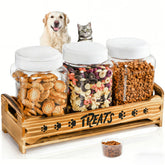 Tlence dog treats container with three jars on wooden stand keeps snacks organized on the counter.