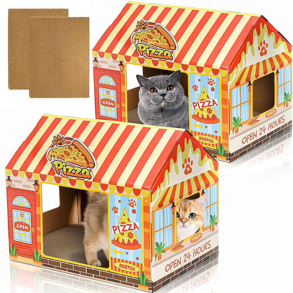 Tlence pizza shop cat house front view, cozy hideaway for indoor cats.