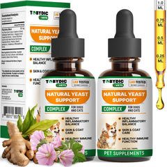 TOBYDIC bottle pour showing herbal yeast relief drops for dogs.