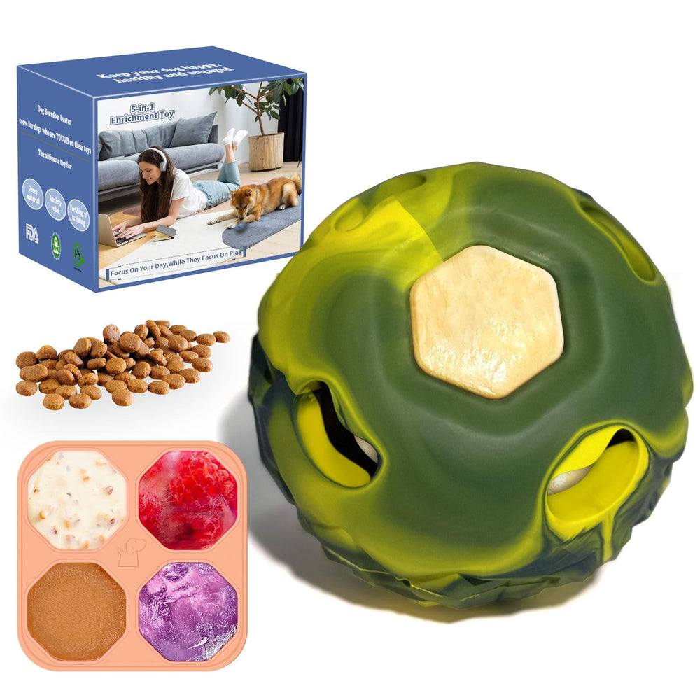Tokwidget 5-in-1 dog enrichment toy with a freeze ball for extended interactive play outdoors.