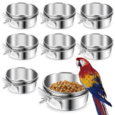 ToLanbbt 8-pcs stainless steel bird bowls with clamp holder for secure cage setup.