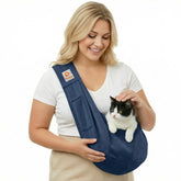 Tomkas dark blue small dog carrier front view for convenient travel.