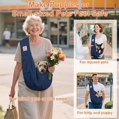 Tomkas dark blue carrier large opening for easy pet entry.