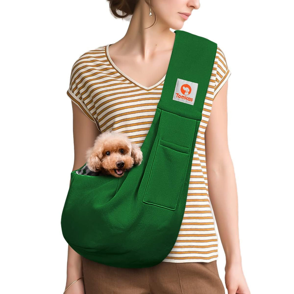 Tomkas emerald green sling bag front view for small pets, comfortable and secure.