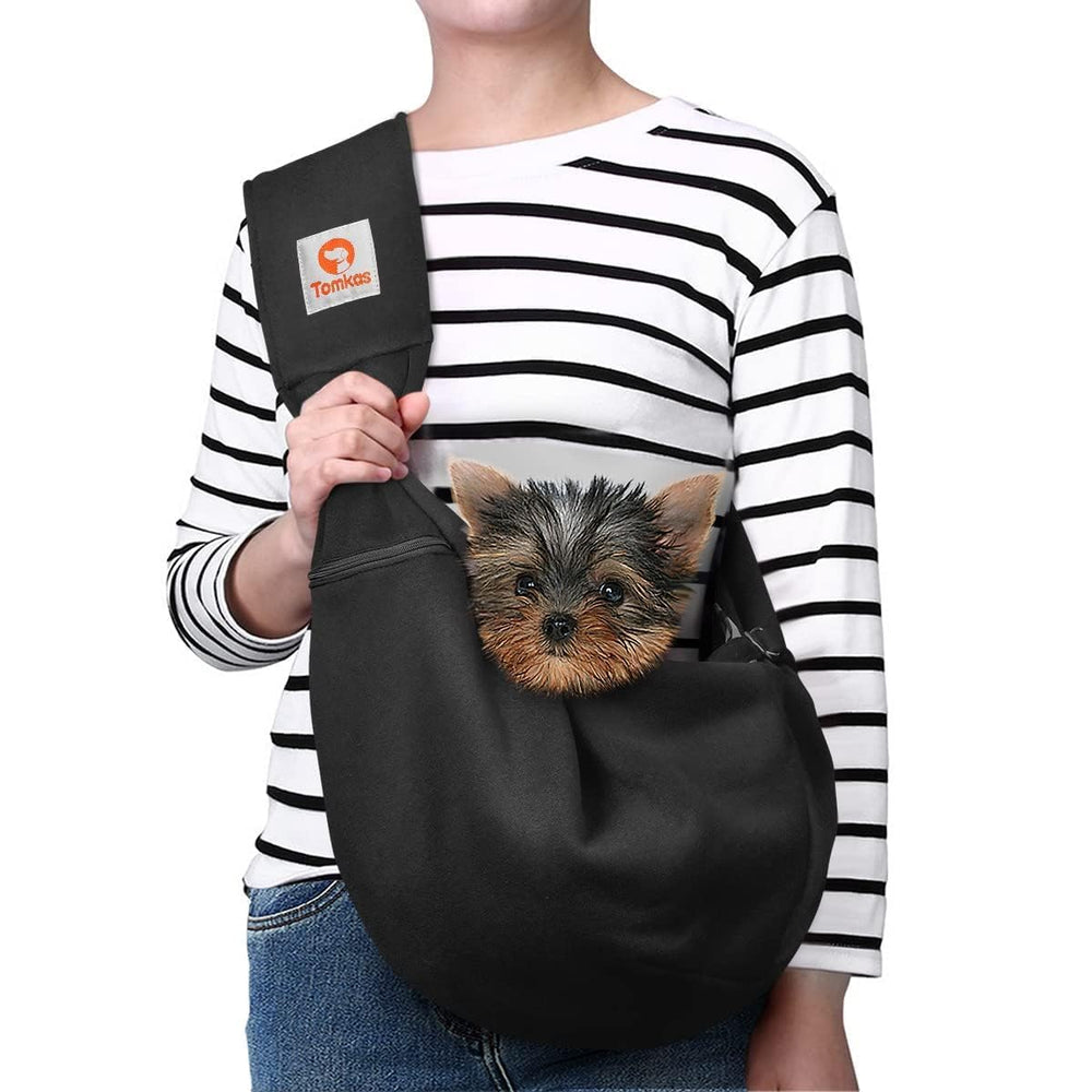 Tomkas small dog sling carrier with front pocket showing secure storage for essentials