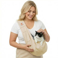TOMKAS small dog sling carrier front pocket view for secure essentials during walks