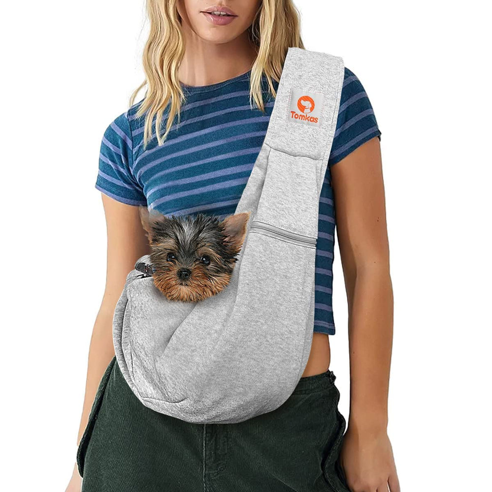 Tomkas Small Dog Sling opening shows easy pet placement and secure loading.
