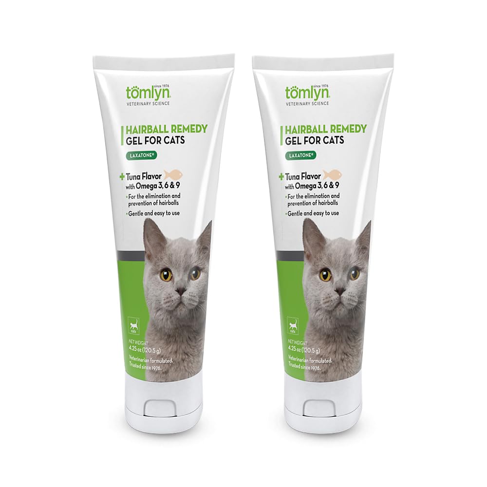 Tomlyn Laxatone tuna gel bottle on counter for hairball support