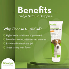 Tomlyn Nutri-Cal puppy gel tube shows easy administration for busy pet owners.