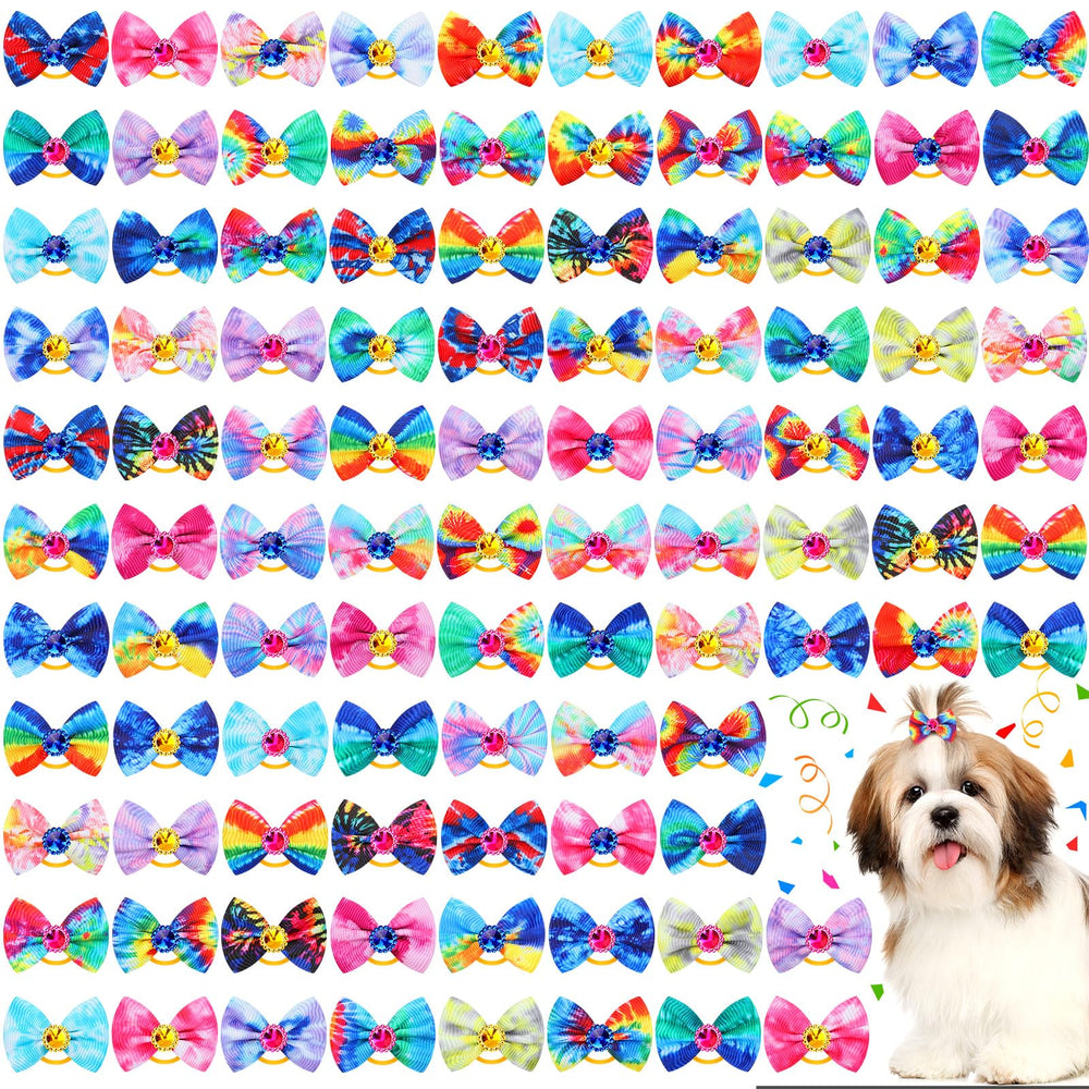 Tondiamo 100-pack tie-dye dog bows designed for small dogs with easy-to-use elastic bands.
