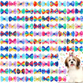 Tondiamo 100-pack tie-dye dog bows designed for small dogs with easy-to-use elastic bands.