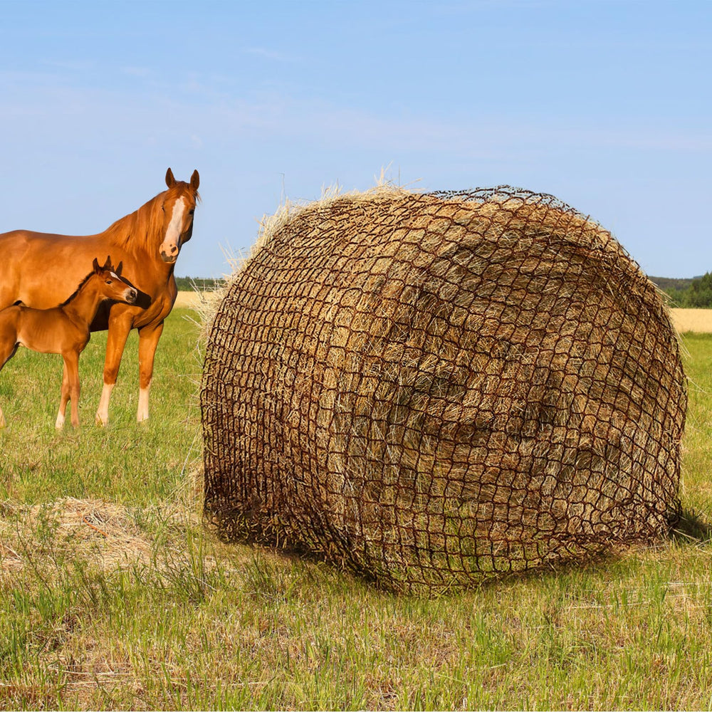 TONGMO round bale hay net 6ft in use, promoting controlled feeding.