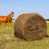 TONGMO round bale hay net 6ft in use, promoting controlled feeding.