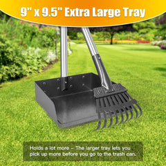 TOOGE Larger Pooper Scooper extended-reach-tray reduces bending during cleanup.