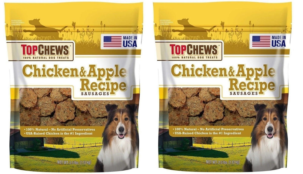 Top Chews Chicken and Apple Sausages 2-Pack packaging, ideal daily reward for dogs